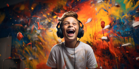 A laughing boy enjoys music with headphones on a dynamic, paint-splattered background symbolizing creativity and fun. A.I.の素材