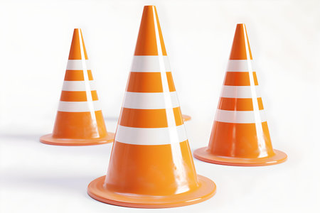 Bright orange safety cones with white stripes, commonly used for road management and construction safety. A.I.の素材