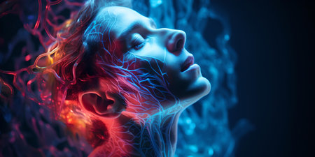 A visually striking ai-generated image. an artistic depiction of a woman enveloped in vibrant neon lighting. A.I.の素材