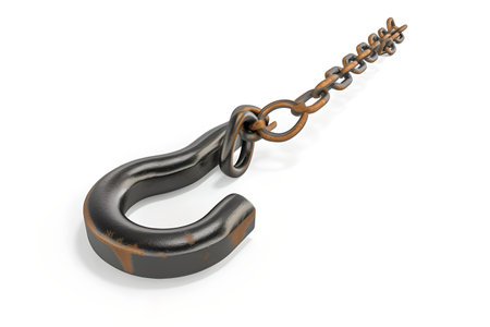 An old, rusted hook attached to a chain presents a concept of durability against time and elements. A.I.の素材