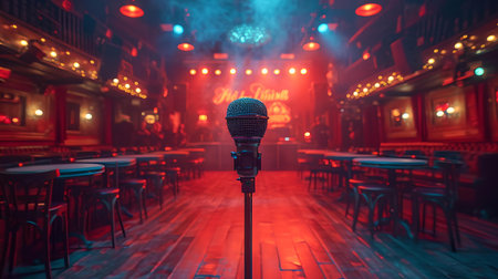 An inviting, empty music hall with a single microphone on stage under a glow of lights, suggesting anticipation. A.I.の素材