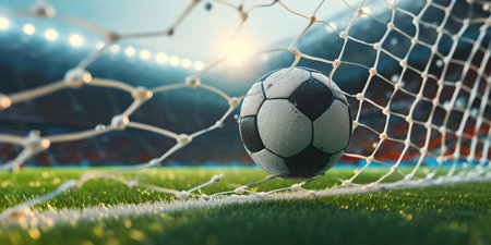 Goal! soccer ball in net on green field with stadium in background, symbolizing victory and team spirit. A.I.の素材