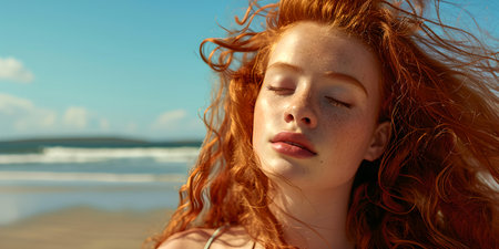Tranquil redhead enjoying a calm beach day. ideal for themes of summer, relaxation, and natural beauty. A.I.の素材