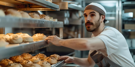 A baker in a hat arranges freshly baked loaves in a cozy bakery setting, capturing the essence of artisan baking. A.I.の素材