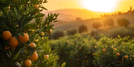 Tranquil sunset casting a warm glow on ripe oranges amid green leaves in a peaceful grove. A.I.の素材