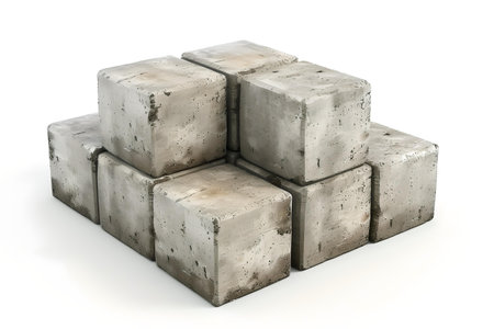 A set of gray concrete cubes neatly stacked in an abstract, geometric pattern against a white background. A.I.の素材