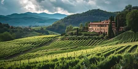 Idyllic vineyard view featuring a classic villa. perfect imagery for travel and wine industry promotions. A.I.の素材