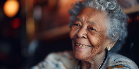A candid portrait of a joyful elderly woman. her smile suggests a life rich with experiences. perfect for evoking nostalgia. A.I.の素材