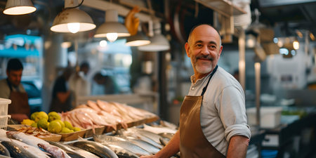 A beaming shopkeeper, surrounded by fresh produce, portrays a local market's charm and personal touch. A.I.の素材