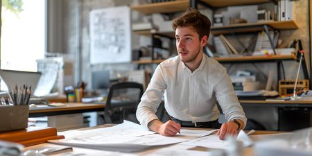 An architect scrutinizes plans at a sunlit office. candid style captures concentration and professional environment. A.I.の素材