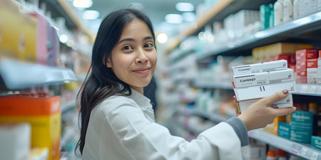 A friendly female pharmacist reaches for medicine on a shelf, reflecting excellent customer care in a pharmacy. A.I.の素材