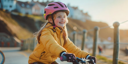 Happy young girl with a helmet cycles on a sunny day, embodying joy and safety in outdoor recreation. A.I.の素材