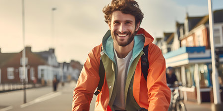 A cheerful male cyclist enjoys a sunny afternoon ride in a quaint town. perfect for lifestyle and travel themes. A.I.の素材