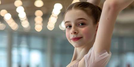 Portrait of a young ballerina with a serene expression, demonstrating elegance and focus in a dance studio. A.I.の素材