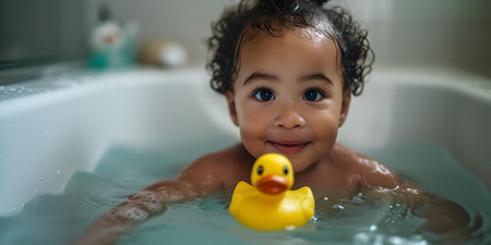Charming little child with a bright smile in a bathtub, playing with a classic bath toy. perfect for family content. A.I.の素材