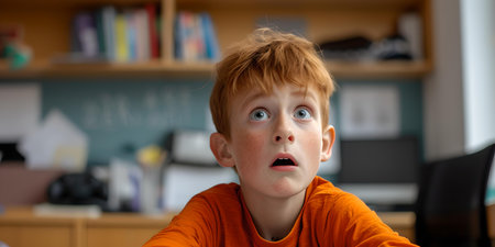 A candid shot of a young boy showing surprise. ideal for use in educational materials and parenting blogs. A.I.の素材