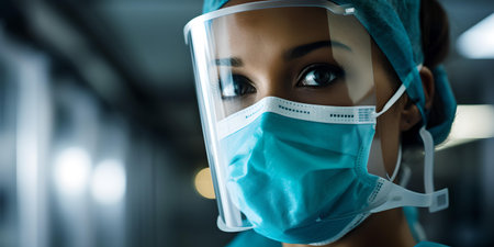 Close up of a female healthcare worker with a face shield and surgical mask, showing medical readiness. A.I.の素材