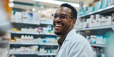 A joyful male pharmacist in a white coat serving in a pharmacy, portraying professionalism and care. A.I.の素材