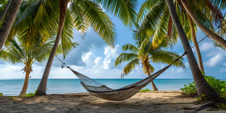 Idyllic beach hammock scene on a sunny day with blue skies, inviting for rest and relaxation. A.I.の素材