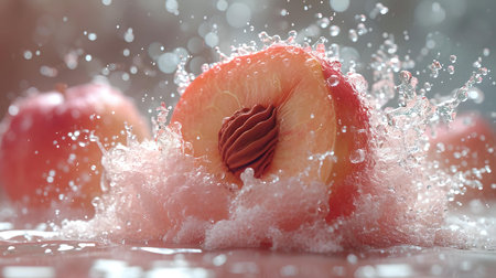 Dynamic image of a peach in water splash, capturing movement and freshness of summer fruit. A.I.の素材