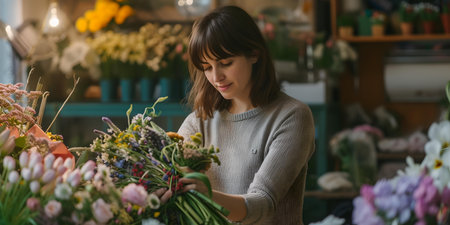 A thoughtful woman arranges a fresh bouquet in a charming, sunlit florist's shop. perfect for lifestyle content. A.I.の素材