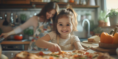 Smiling young girl reaching for pizza slice. blurred woman cooking. home kitchen setting emanates warmth and family life. A.I.の素材