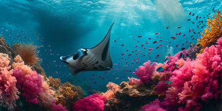 Manta ray glides gracefully in a colorful coral seascape, epitomizing serenity and marine beauty. A.I.の素材