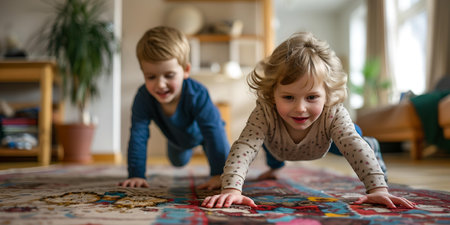 Two kids engaged in playful crawling at home. captures the innocence and joy of childhood in a natural setting. A.I.の素材