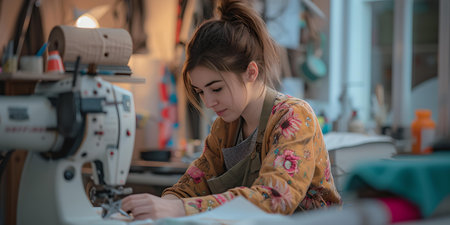 Woman sewing attentively in a workshop filled with fabrics and craft tools. perfect for small business themes. A.I.の素材