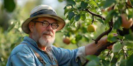 A content elderly man picks fresh apples in a sunny orchard, portraying a sustainable lifestyle and gardening joy. A.I.の素材