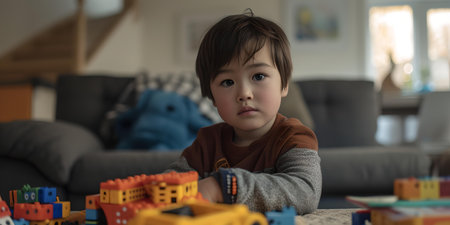 A young child plays with building blocks in a warm, home environment, showcasing innocence and creativity. A.I.の素材