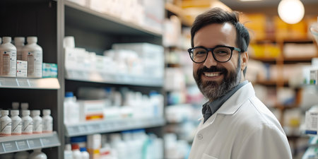 Inviting and professional pharmacist smiling in a well-stocked pharmacy, depicting excellent healthcare service. A.I.の素材