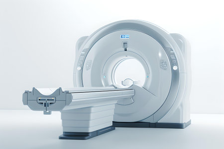 Sleek, white CT scanner in a sterile medical environment. contemporary health diagnostic tool. A.I.の素材