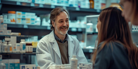 Smiling pharmacist serves a female client in a well-stocked contemporary pharmacy. customer care focus. A.I.の素材