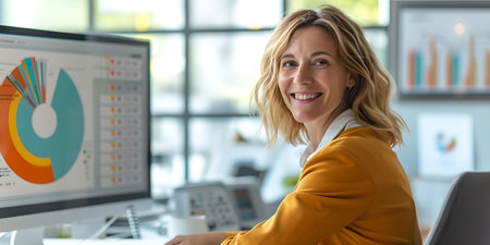 Smiling businesswoman in a yellow blazer working with colorful data charts. ideal for corporate materials. A.I.の素材