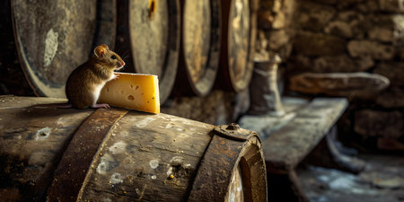 A chipmunk ponders over a piece of cheese atop a wooden barrel, casting a warm, rustic vibe. A.I.の素材