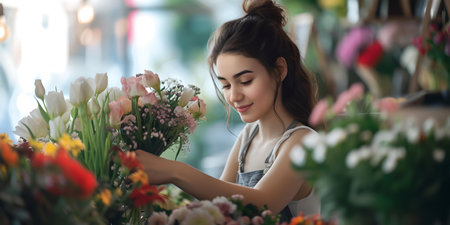 Radiant young lady enjoys a variety of fresh flowers in a charming florist shop setting. ideal image for spring themes. A.I.の素材