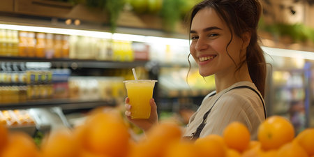 Smiling young female holding a glass of orange juice among fresh produce at a supermarket. A.I.の素材