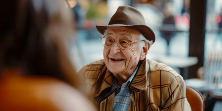 Cheerful man senior engaging in conversation at a coffee shop, exemplifying active elderly lifestyle. A.I.の素材