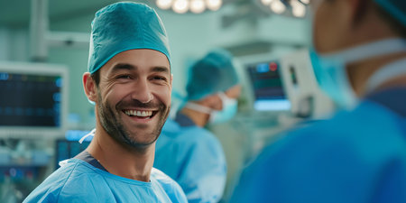 Upbeat surgeon in operating room attire, implying a successful procedure and professional healthcare environment. A.I.の素材