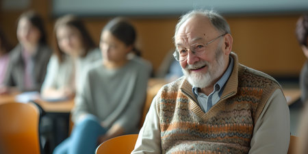 Elderly man with a pleasant smile in a classroom with attentive listeners in the background. A.I.の素材