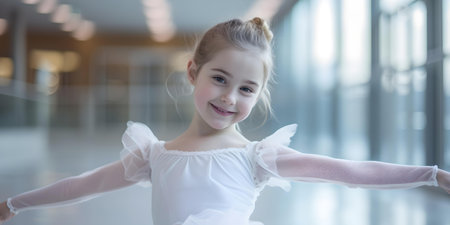 Aspiring young ballerina in white tutu practicing ballet. bright, airy dance studio setting with joyful expression. A.I.の素材