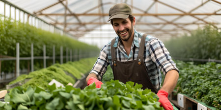 A cheerful male farmer works inside a sunlit greenhouse full of green plants, depicting sustainable agriculture. A.I.の素材