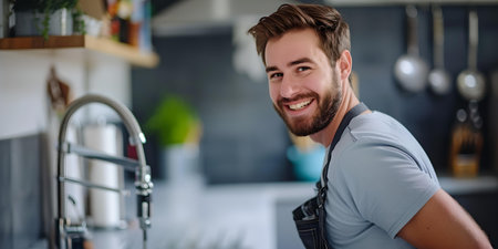 A beaming bearded man wearing an apron poses in a well-equipped, contemporary kitchen setting. A.I.の素材