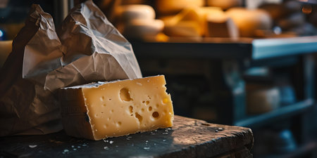 A piece of artisan cheese on wood, with blurred wheels of cheese in the background symbolizing quality. A.I.の素材