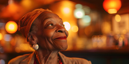 Joyful senior african american woman with a heartwarming smile in a cozy indoor setting. A.I.の素材