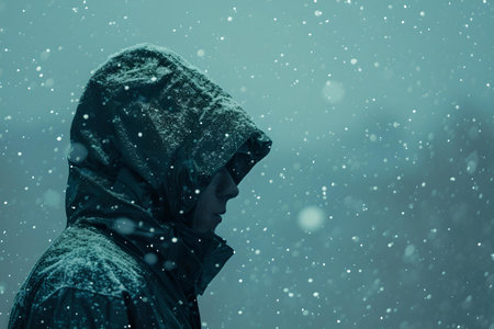 Profile of a person in a hooded jacket against a backdrop of falling snowflakes. serene and cold atmosphere. A.I.の素材