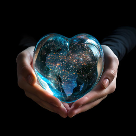 A pair of hands gently holding a heart-shaped universe, representing love and protection for our cosmos. A.I.の素材