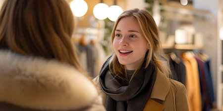 Two women engage in a friendly chat inside a boutique with a focus on genuine expressions and ambient lighting. A.I.の素材