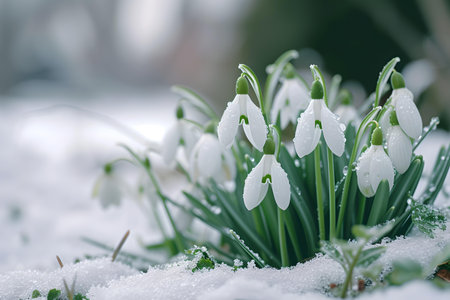 Snowdrops break through the snow, signaling spring. ideal for seasonal change themes and nature backgrounds. A.I.の素材